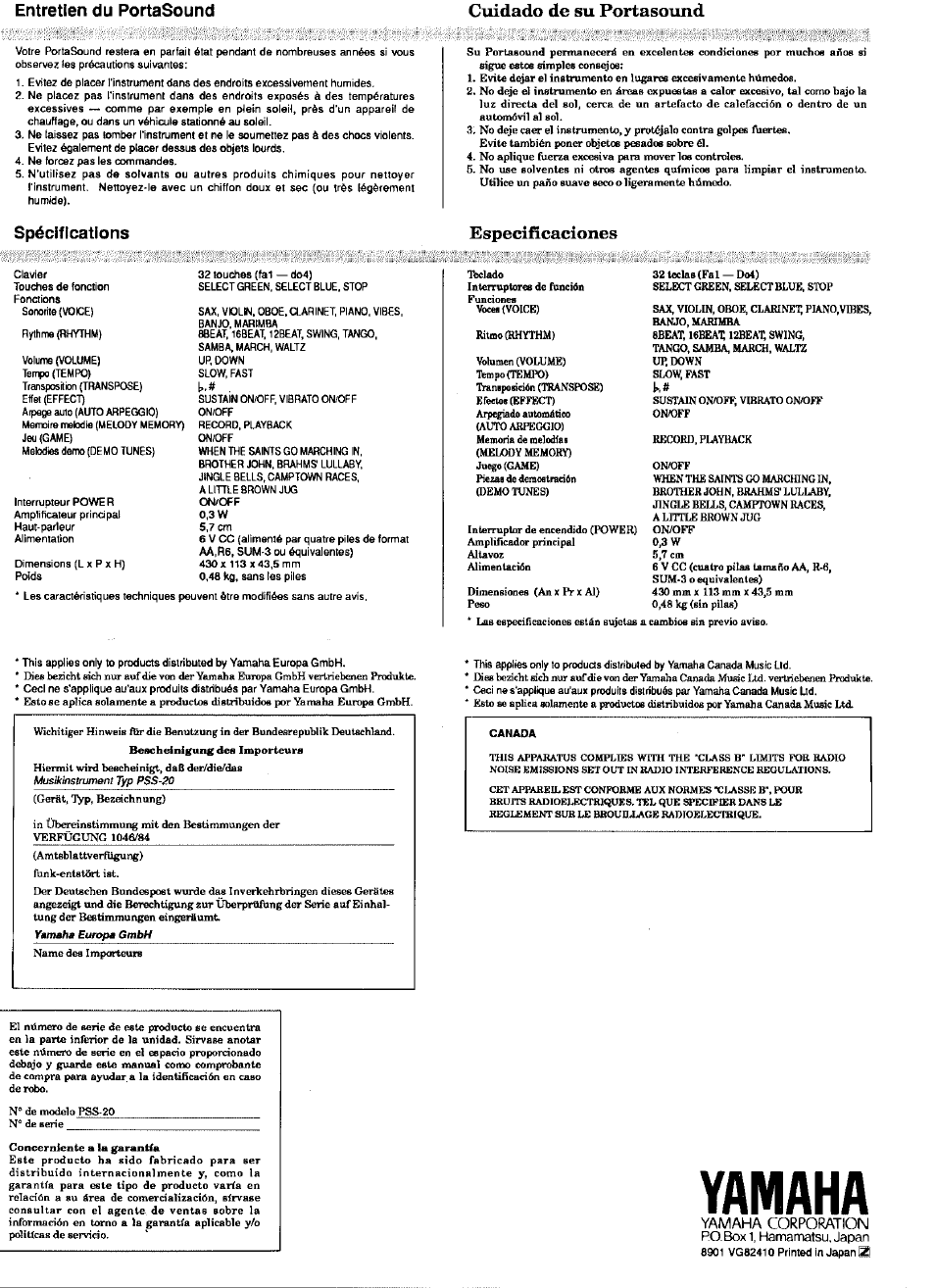 Yamaha, Cuidado de su portasound, Especifîcaciones | Entretien du portasound, Spécifications, Yamaha corporation | Yamaha PSS-20 User Manual | Page 8 / 8