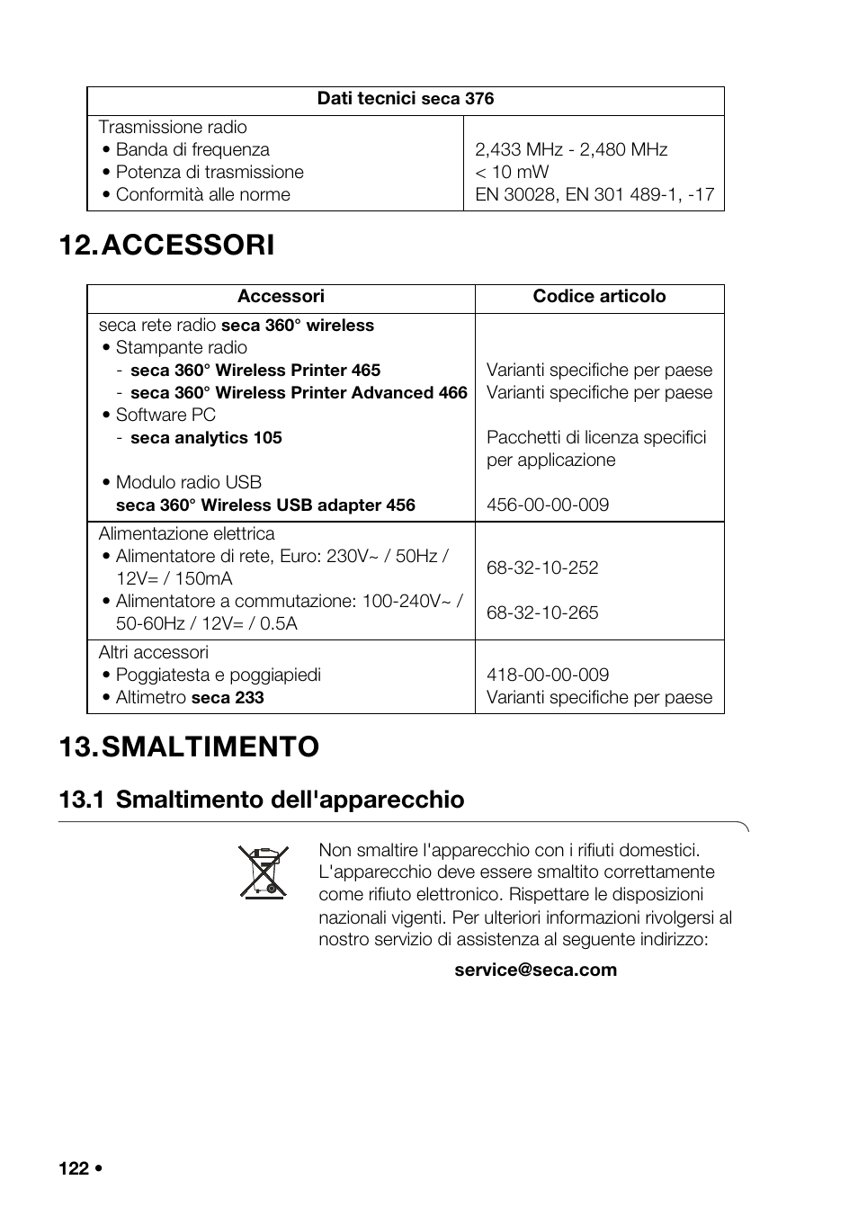 Accessori, Smaltimento, 1 smaltimento dell'apparecchio | Accessori 13. smaltimento | Seca 376 User Manual | Page 122 / 401
