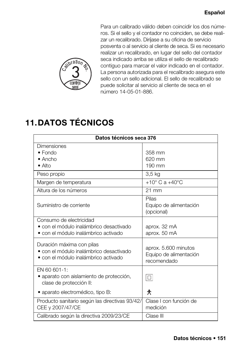 Datos técnicos | Seca 376 User Manual | Page 151 / 401