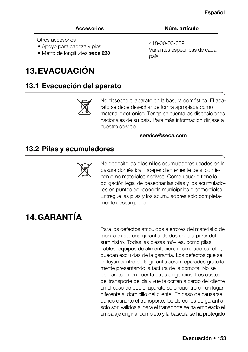 Evacuación, 1 evacuación del aparato, 2 pilas y acumuladores | Garantía, Rado, Ación sobre el | Seca 376 User Manual | Page 153 / 401