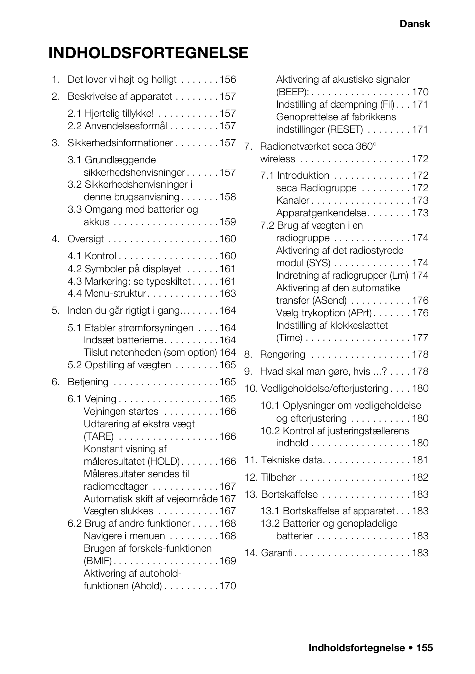 Dansk, Indholds fortegnelse | Seca 376 User Manual | Page 155 / 401