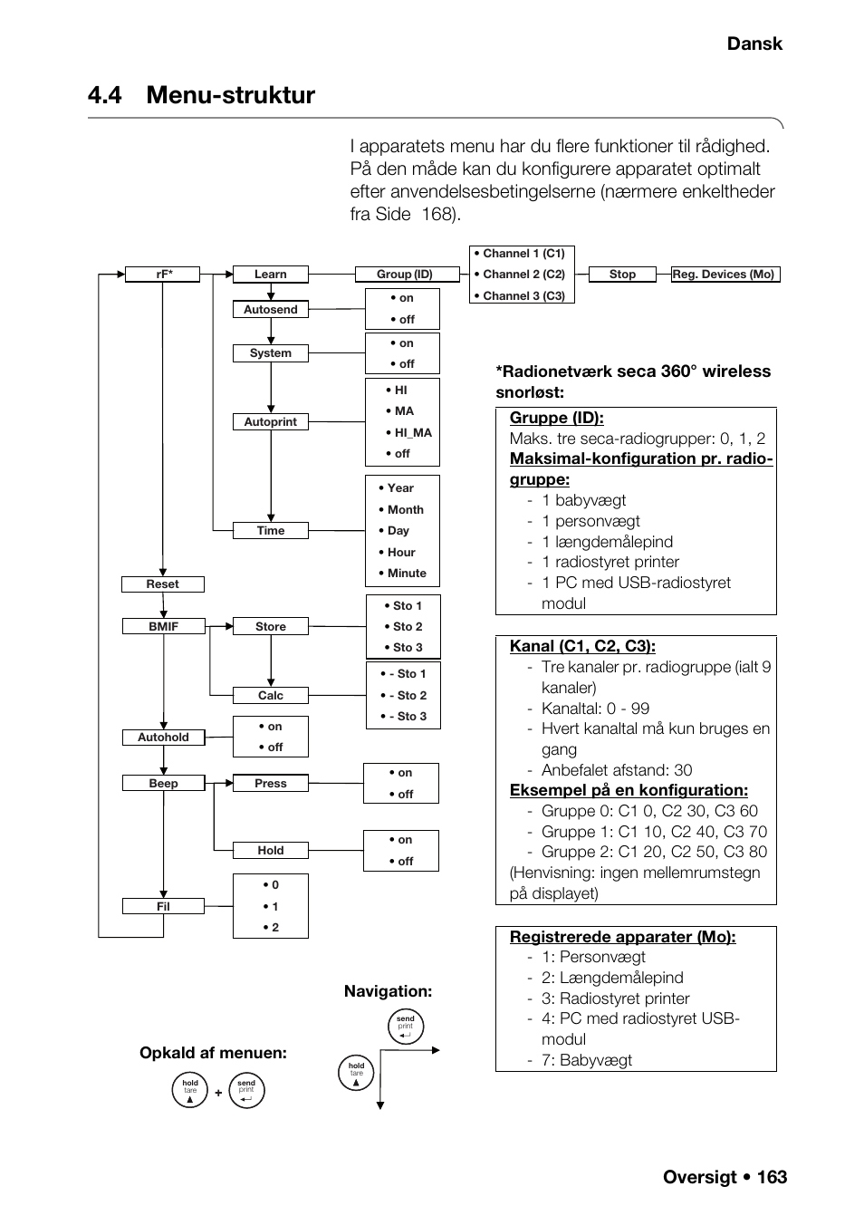 4 menu-struktur, Oversigt • 163 dansk, Seca 360° wireless | Seca 376 User Manual | Page 163 / 401