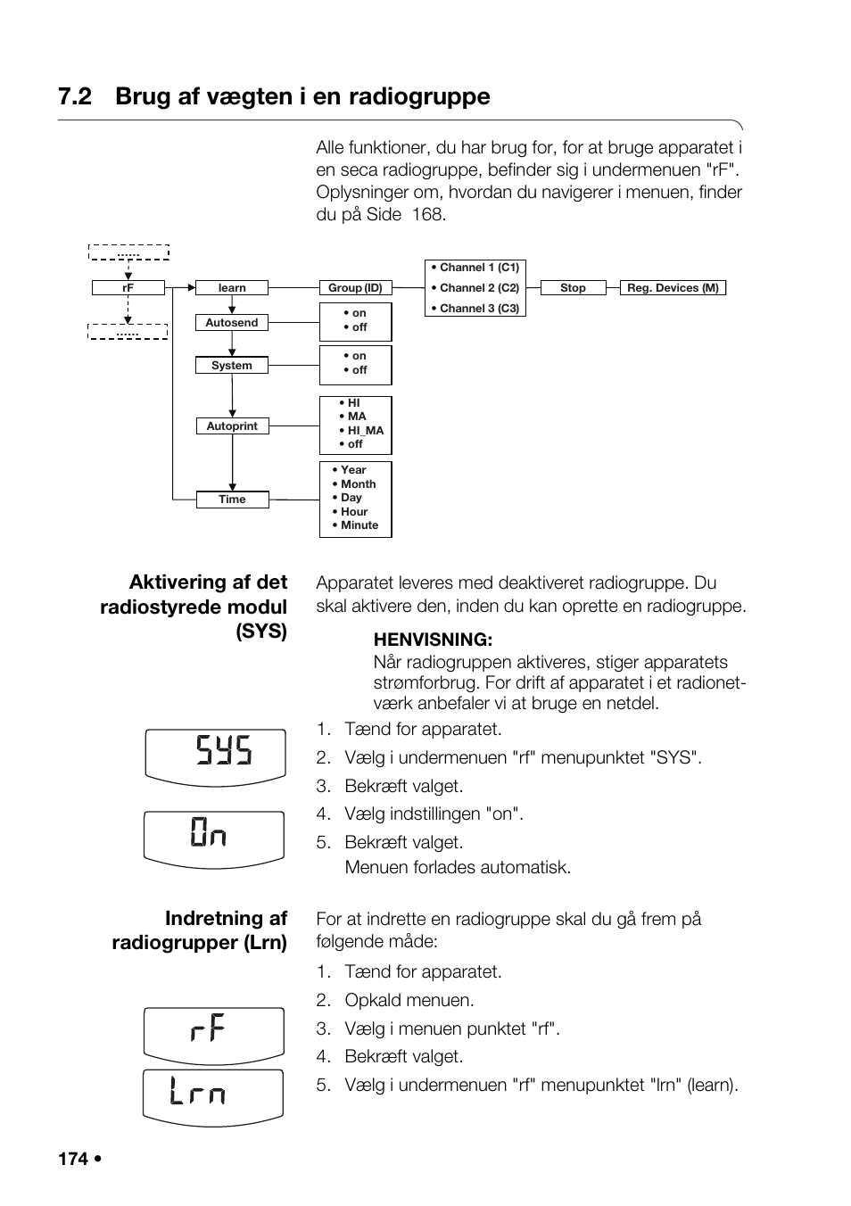 2 brug af vægten i en radiogruppe, Fabrikkens, 2 brug af vægten i en | Radiogruppe, Aktivering af det radiostyrede modul (sys), Indretning af radiogrupper (lrn) | Seca 376 User Manual | Page 174 / 401