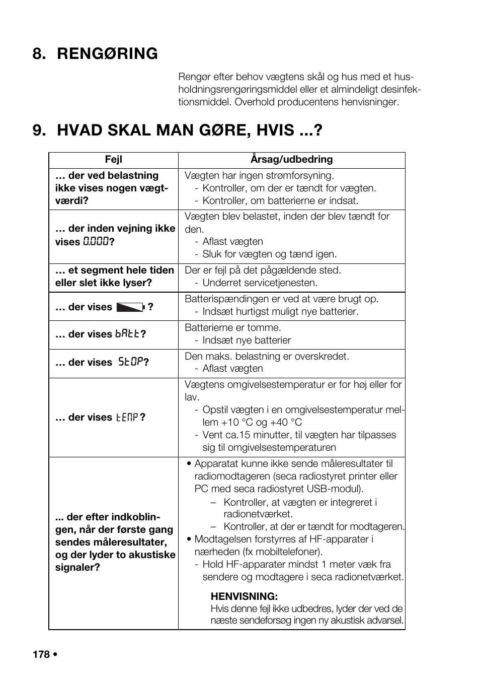 Rengøring, Hvad skal man gøre, hvis, Delse | Seca 376 User Manual | Page 178 / 401