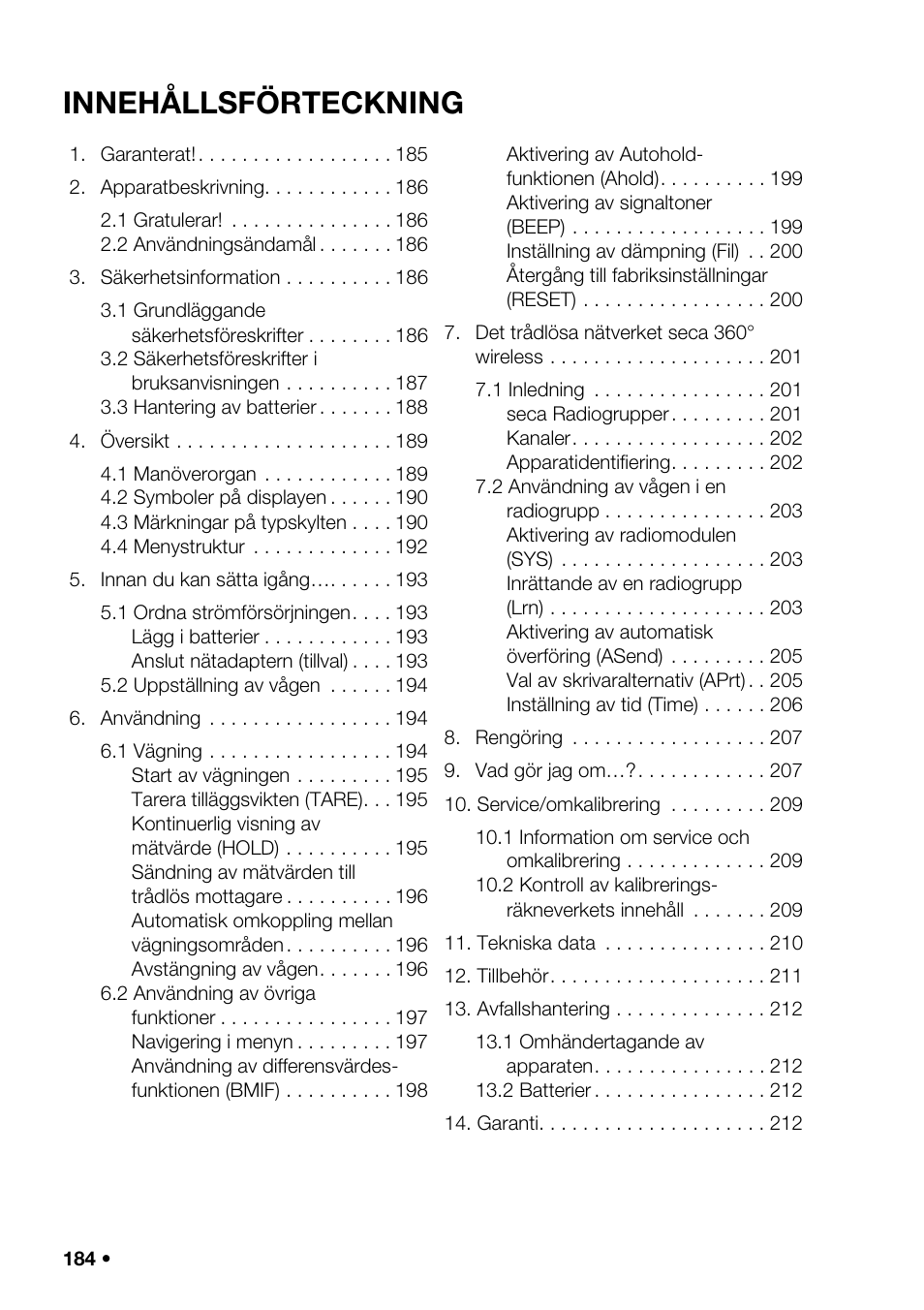Svenska, Inne hållsförteckning | Seca 376 User Manual | Page 184 / 401