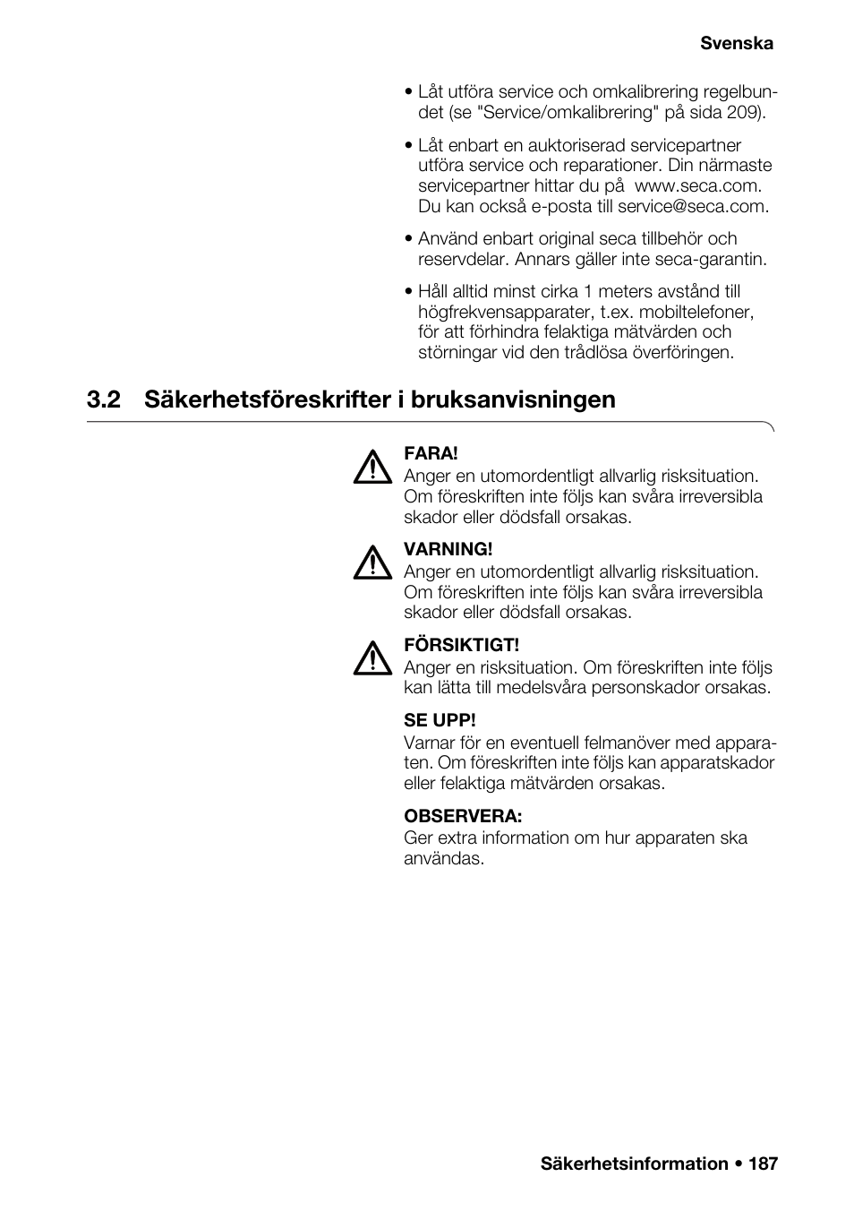 2 säkerhetsföreskrifter i bruksanvisningen, Hållsförteckning | Seca 376 User Manual | Page 187 / 401