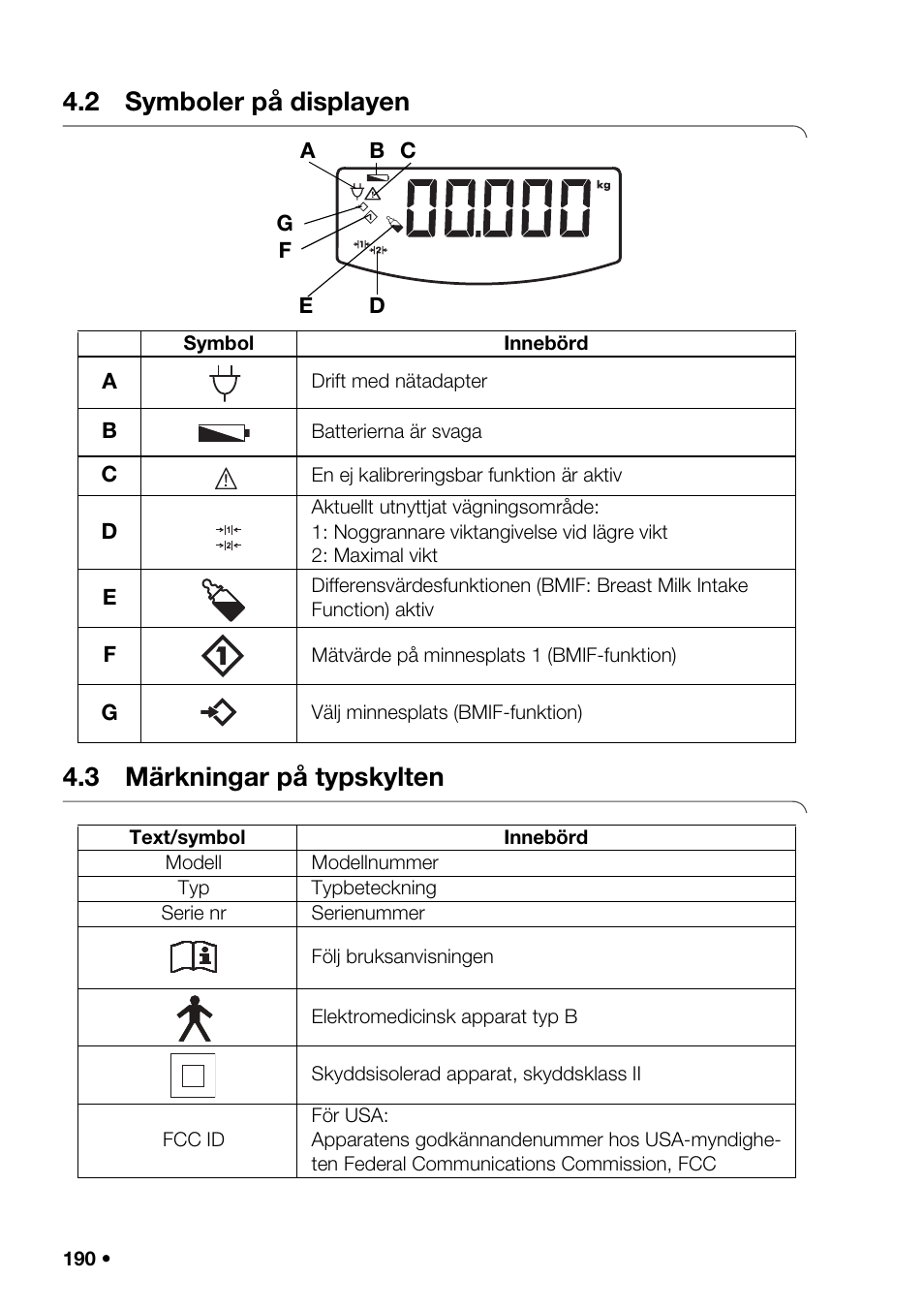 2 symboler på displayen, 3 märkningar på typskylten, Amål | Inställn, G av däm | Seca 376 User Manual | Page 190 / 401