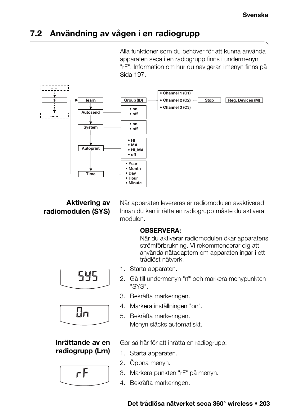 2 användning av vågen i en radiogrupp, 2 användning av vågen i en, Radiogrupp | Aktivering av radiomodulen (sys), Inrättande av en radiogrupp (lrn) | Seca 376 User Manual | Page 203 / 401