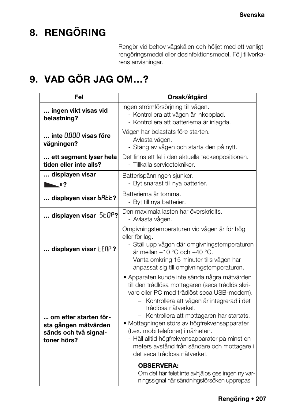 Rengöring, Vad gör jag om, Iering | Seca 376 User Manual | Page 207 / 401