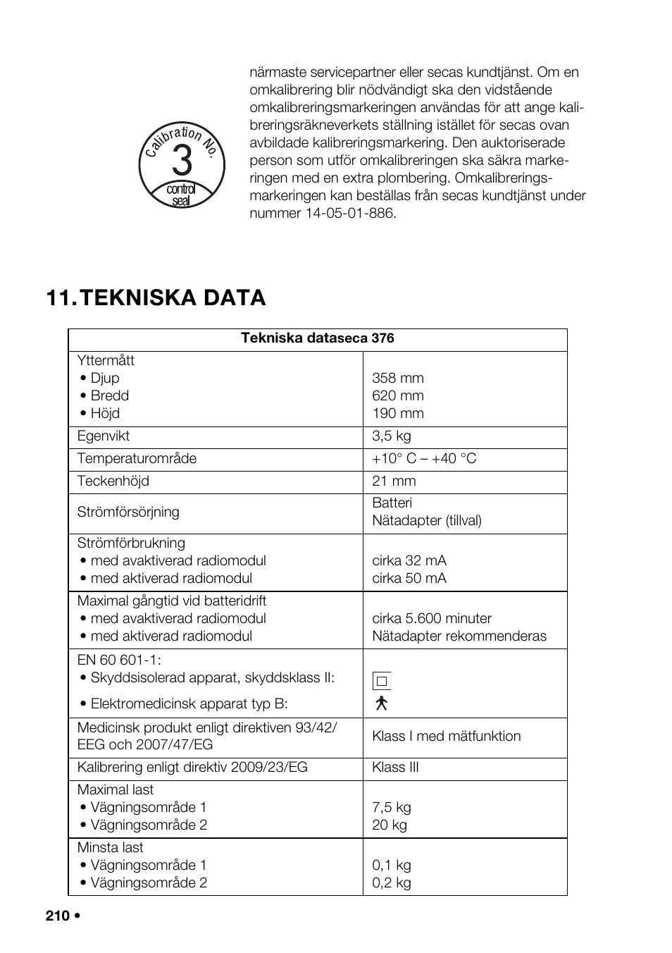 Tekniska data, Lternativ (aprt) | Seca 376 User Manual | Page 210 / 401