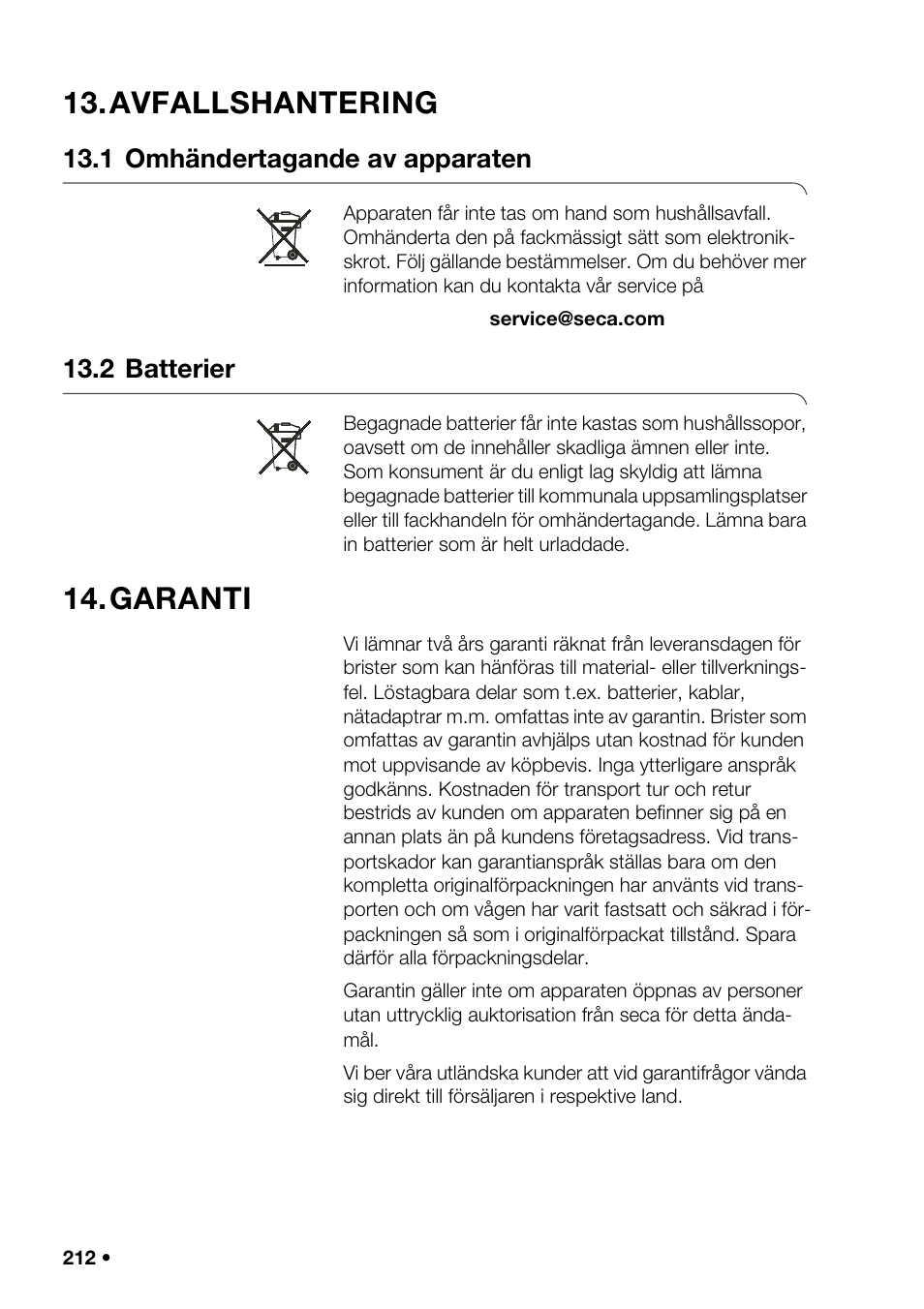 Avfallshantering, 1 omhändertagande av apparaten, 2 batterier | Garanti | Seca 376 User Manual | Page 212 / 401