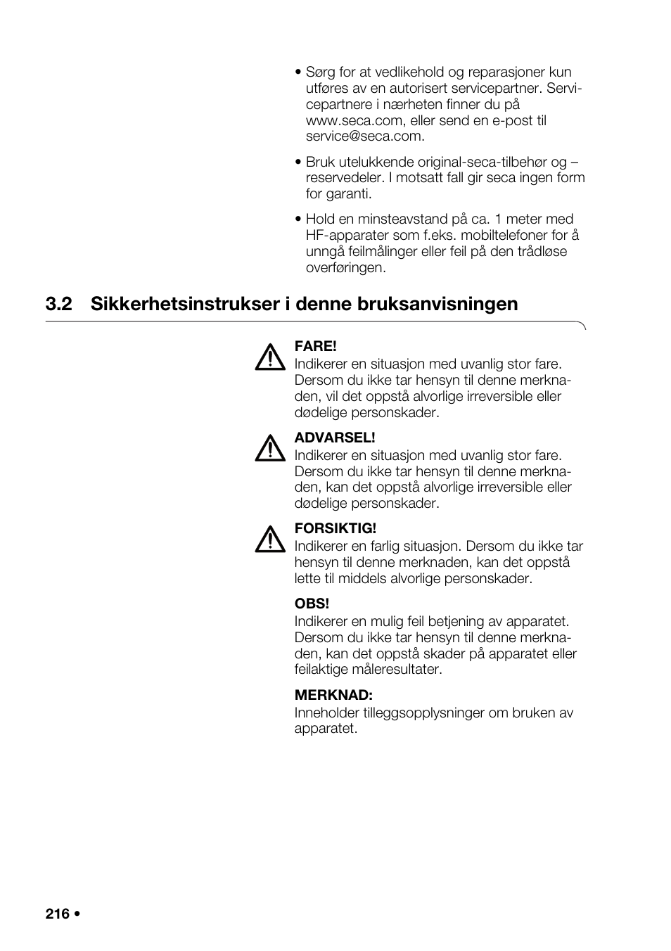 2 sikkerhetsinstrukser i denne bruksanvisningen, Fortegnelse | Seca 376 User Manual | Page 216 / 401