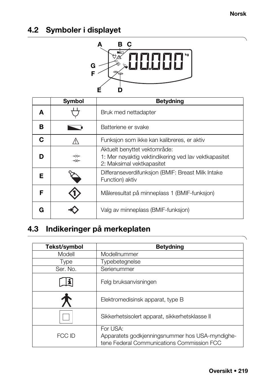 2 symboler i displayet, 3 indikeringer på merkeplaten, Autoho | Ahold) | Seca 376 User Manual | Page 219 / 401