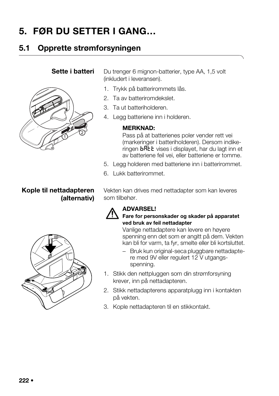 Før du setter i gang, 1 opprette strømforsyningen, Strukser | Er i denne, G av dem, Fabrikkinnstillin | Seca 376 User Manual | Page 222 / 401