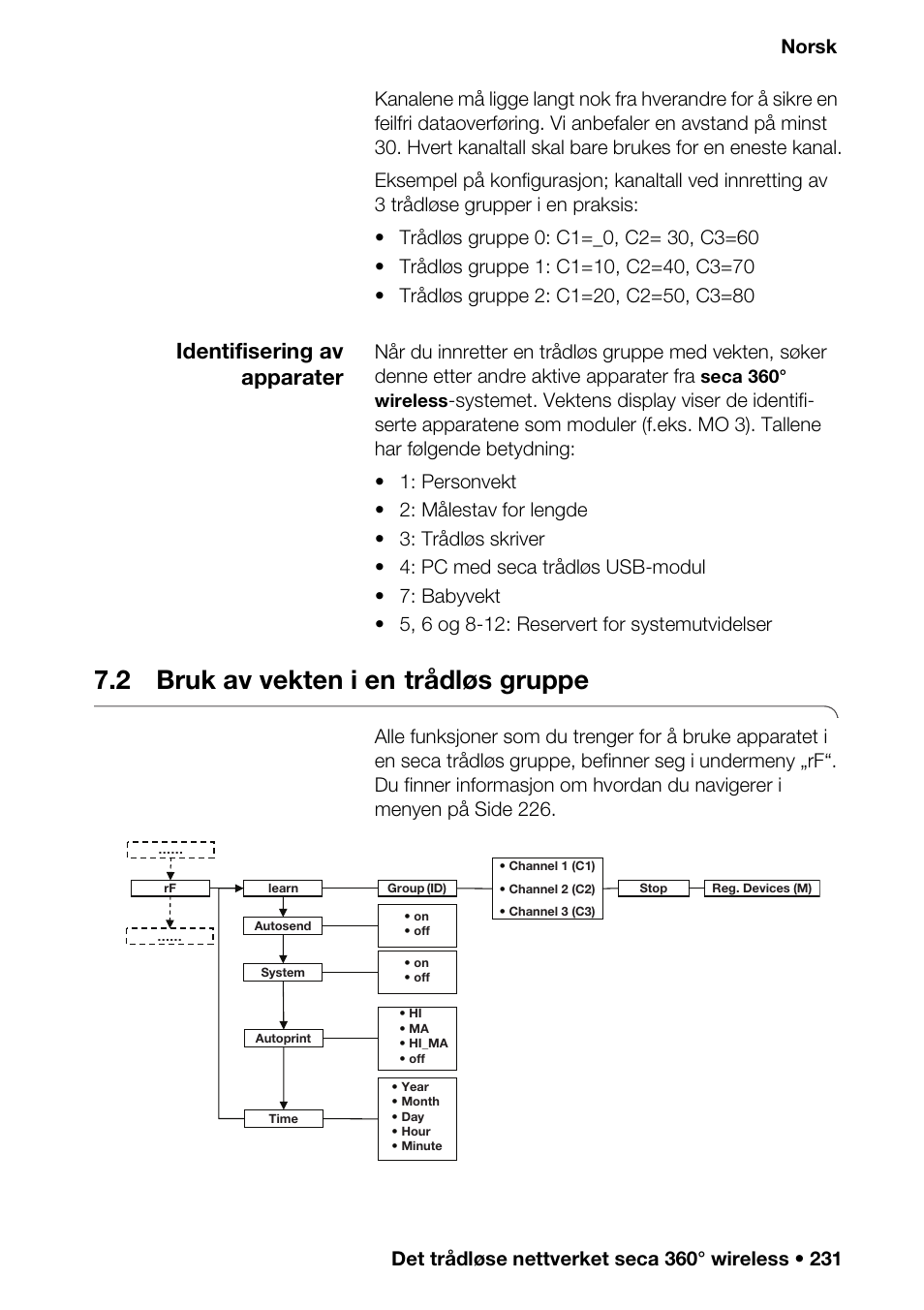 2 bruk av vekten i en trådløs gruppe, 2 bruk av vekten i en, Trådløs gruppe | Identifisering av apparater, Seca 360° wireless | Seca 376 User Manual | Page 231 / 401