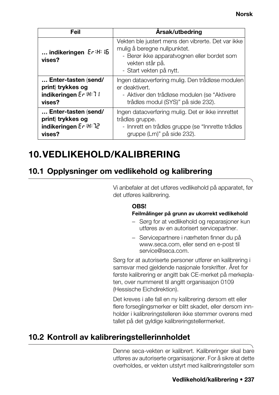 Vedlikehold/kalibrering, 1 opplysninger om vedlikehold og kalibrering, 2 kontroll av kalibreringstellerinnholdet | En trådløs, S modul (sys), Uppe (lrn), Verføring, 1 opplysninger om vedlikehold og kalibrer ing | Seca 376 User Manual | Page 237 / 401