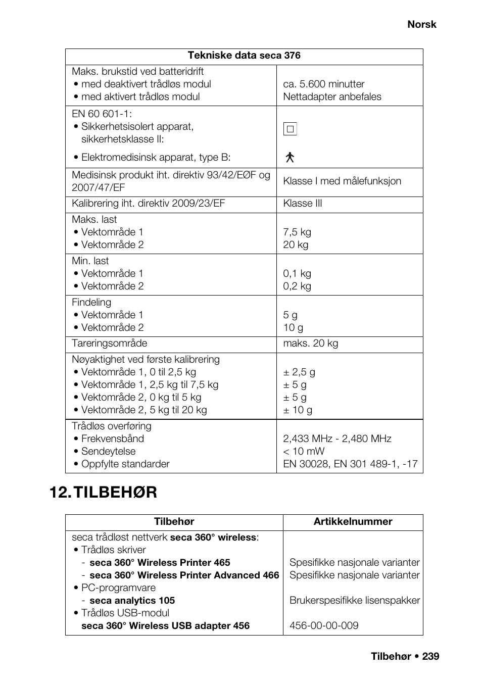 Tilbehør, Tt (time) | Seca 376 User Manual | Page 239 / 401