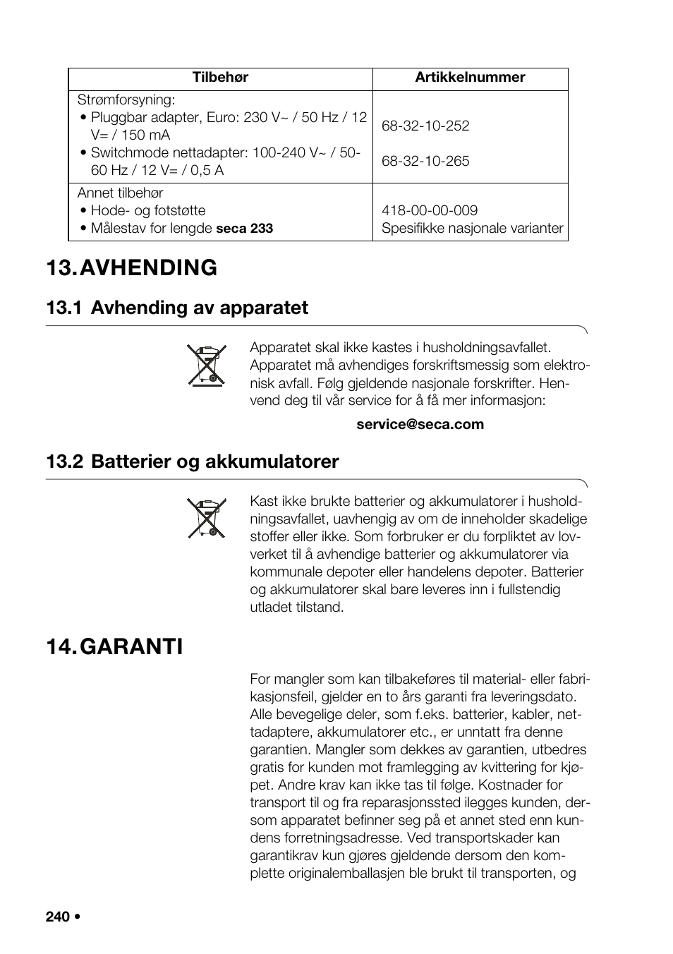 Avhending, 1 avhending av apparatet, 2 batterier og akkumulatorer | Garanti, Om vedlikeh | Seca 376 User Manual | Page 240 / 401