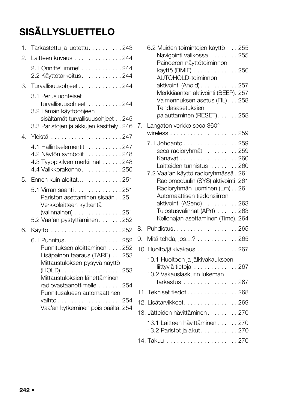 Suomi, Sisällyslu ettelo | Seca 376 User Manual | Page 242 / 401