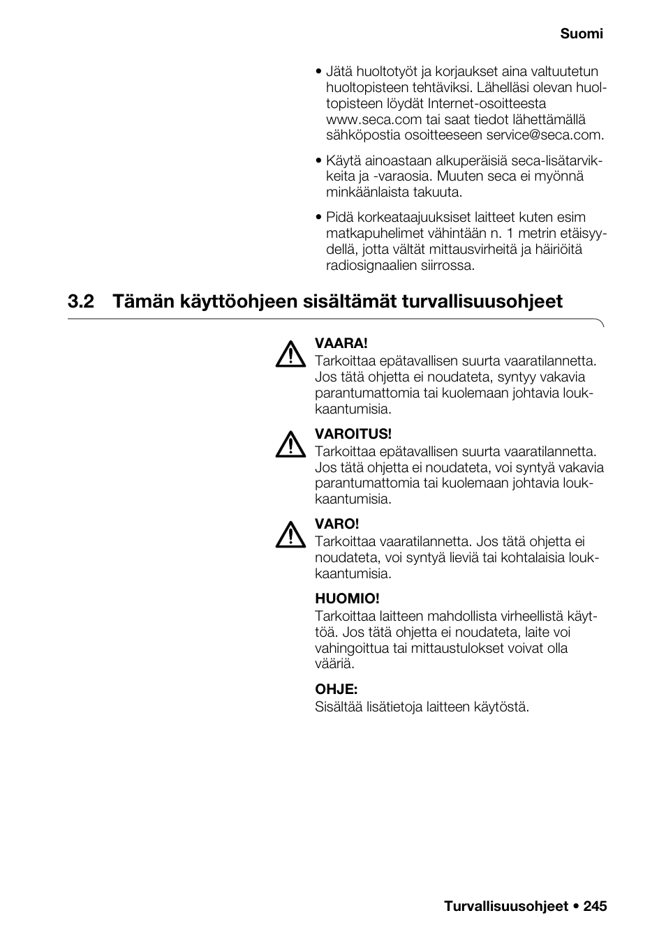 2 tämän käyttöohjeen sisältämät turvallisuusohjeet, Ettelo | Seca 376 User Manual | Page 245 / 401
