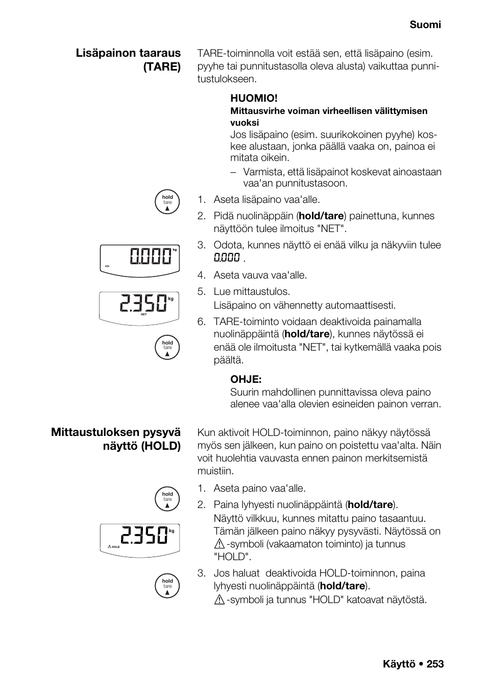 2 vaa'an, Äyttö, Radiomoduulin | Män lu, Lisäpainon taaraus (tare), Mittaustuloksen pysyvä näyttö (hold) | Seca 376 User Manual | Page 253 / 401