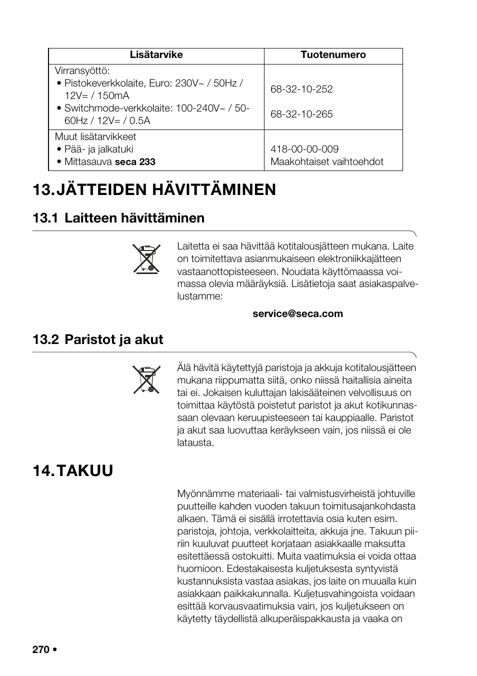 Jätteiden hävittäminen, 1 laitteen hävittäminen, 2 paristot ja akut | Takuu, Jälkivakaukse | Seca 376 User Manual | Page 270 / 401