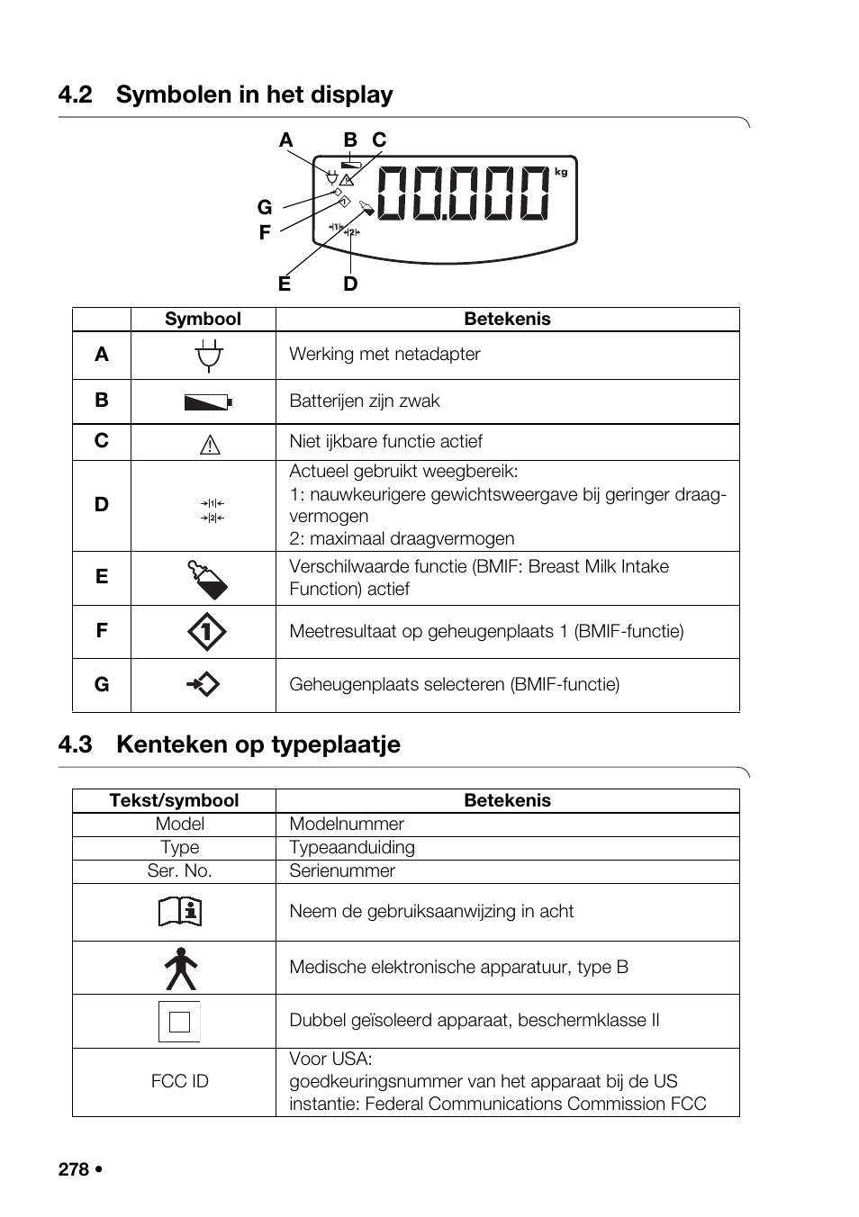 2 symbolen in het display, 3 kenteken op typeplaatje, Ld-functie | Seca 376 User Manual | Page 278 / 401
