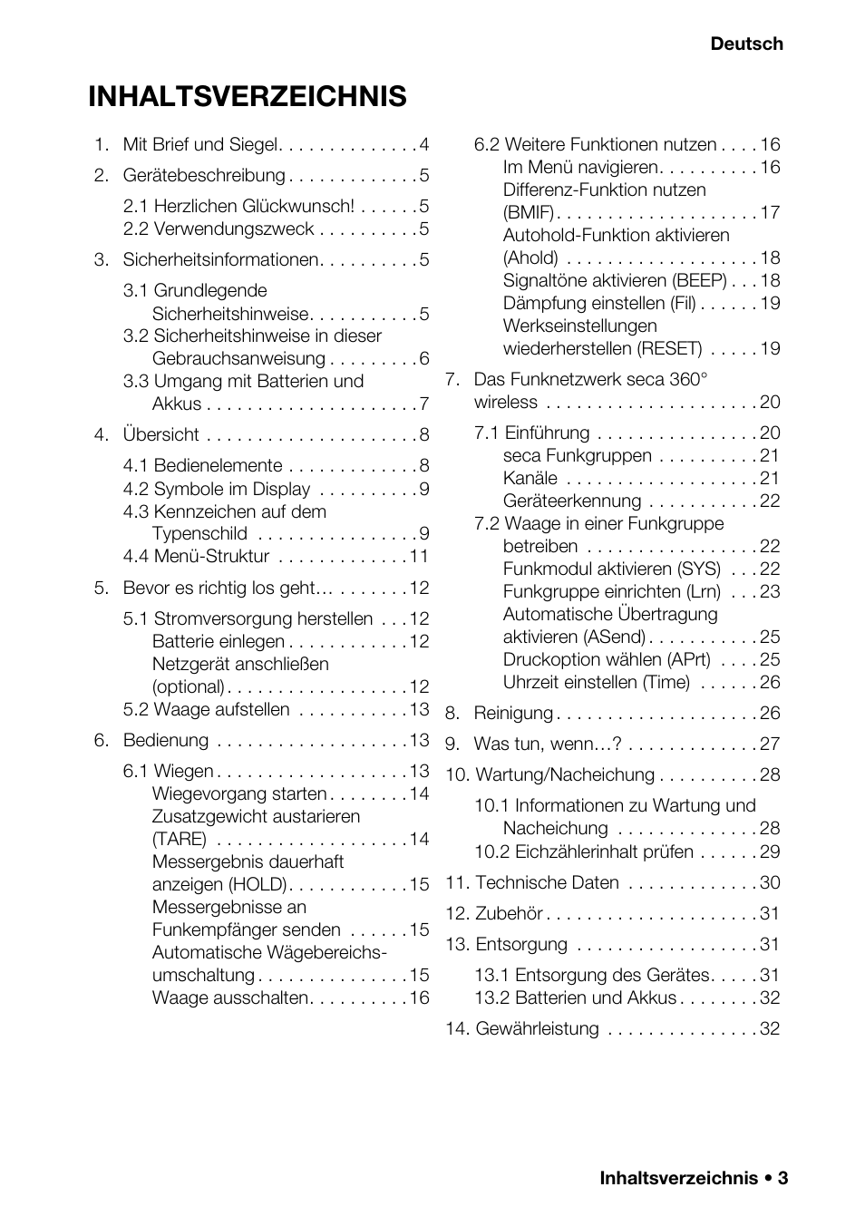 Deutsch, Inhaltsv erzeichnis | Seca 376 User Manual | Page 3 / 401