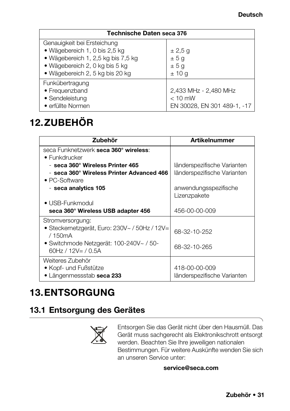 Zubehör, Entsorgung, 1 entsorgung des gerätes | Wählen (aprt), Tellen (time), Zubehör 13. entsorgung | Seca 376 User Manual | Page 31 / 401