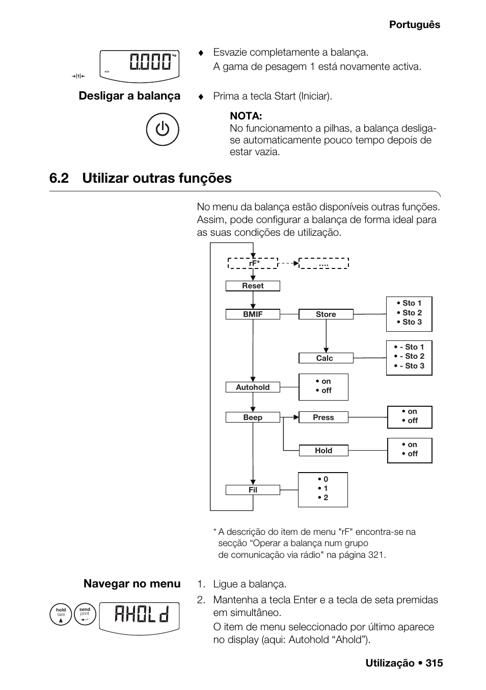 2 utilizar outras funções, O qu, Quan | Recali, Desligar a balança, Navegar no menu | Seca 376 User Manual | Page 315 / 401