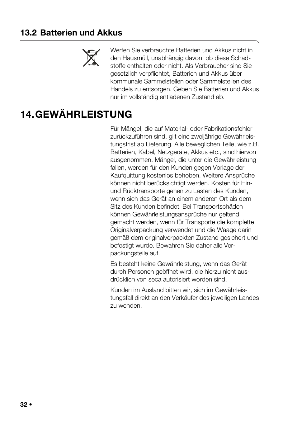 2 batterien und akkus, Gewährleistung | Seca 376 User Manual | Page 32 / 401