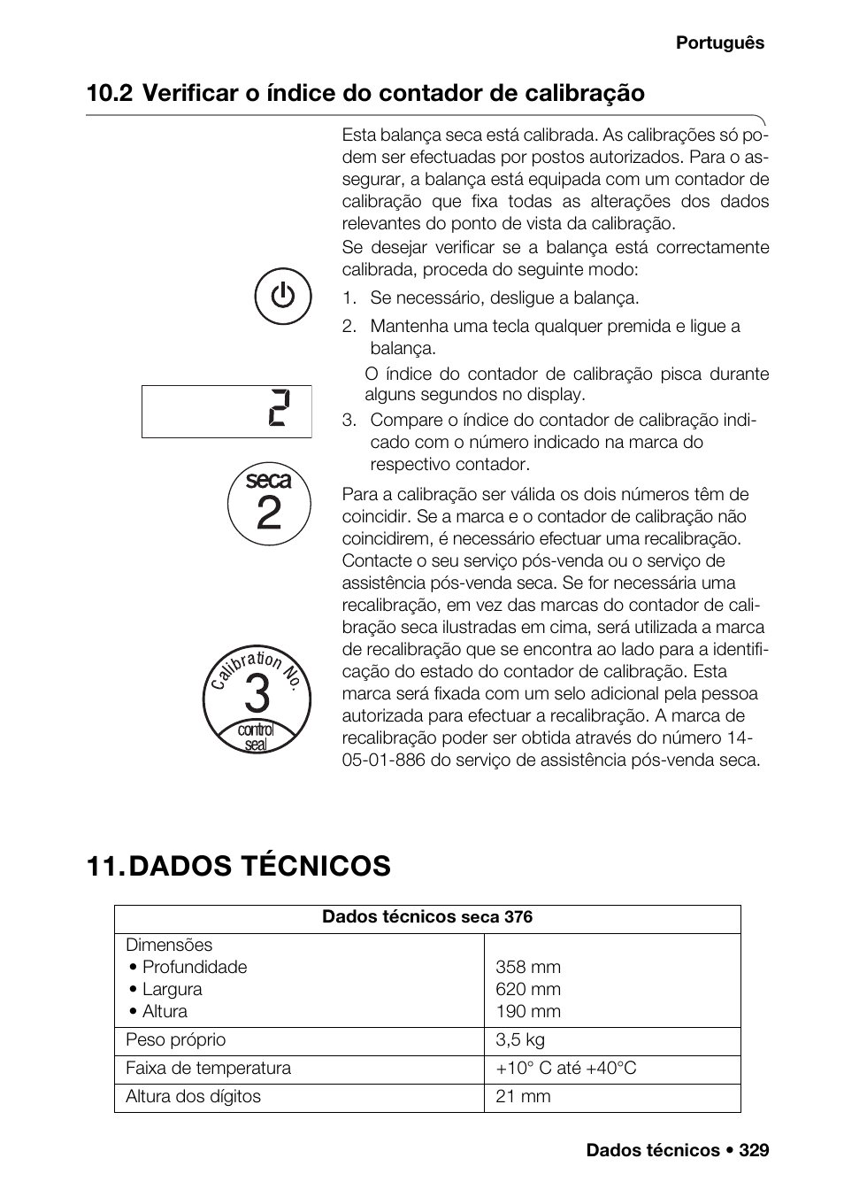 2 verificar o índice do contador de calibração, Dados técnicos | Seca 376 User Manual | Page 329 / 401