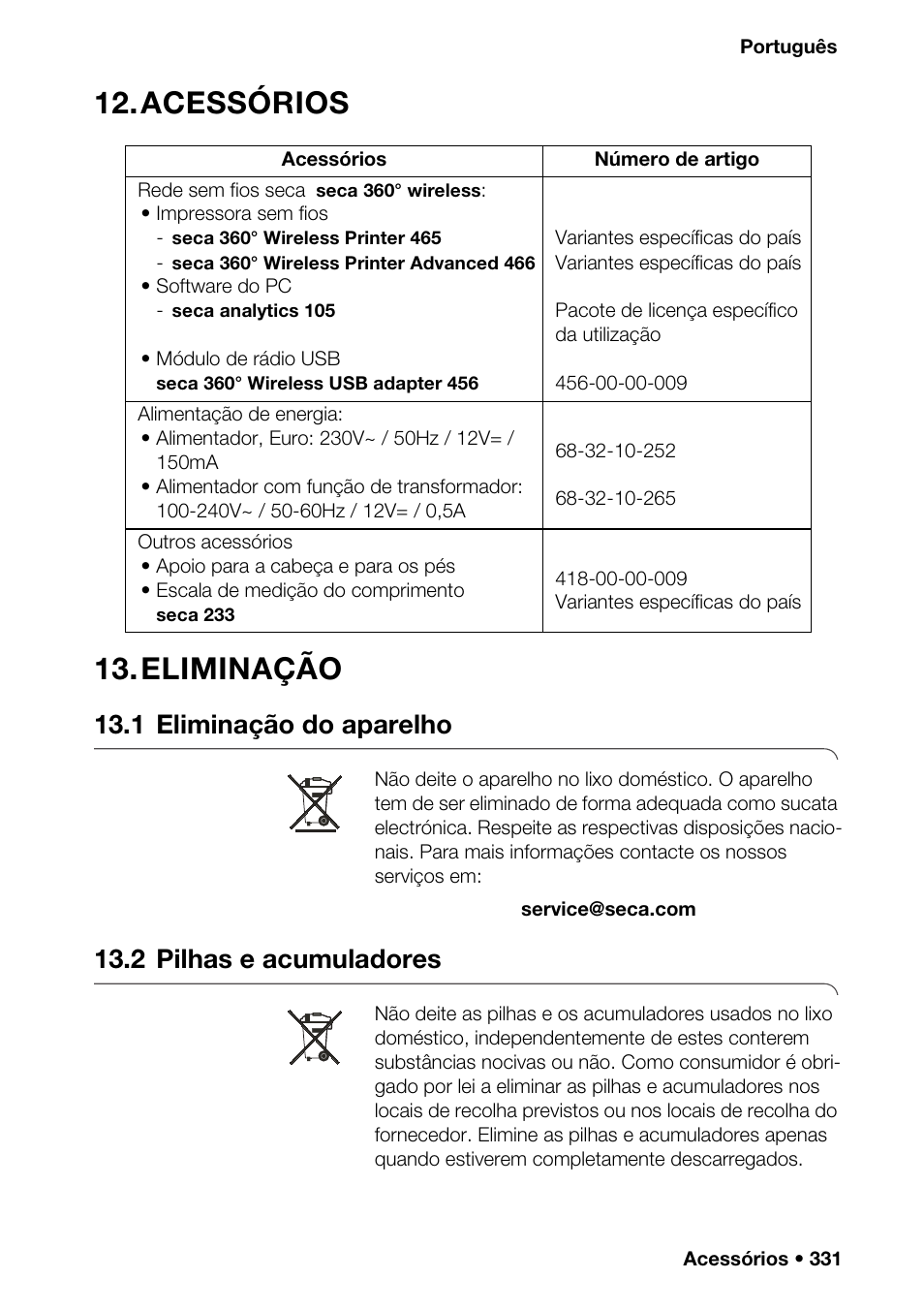 Acessórios, Eliminação, 1 eliminação do aparelho | 2 pilhas e acumuladores, Me) (hora), Ração, Acessórios 13. eliminação | Seca 376 User Manual | Page 331 / 401