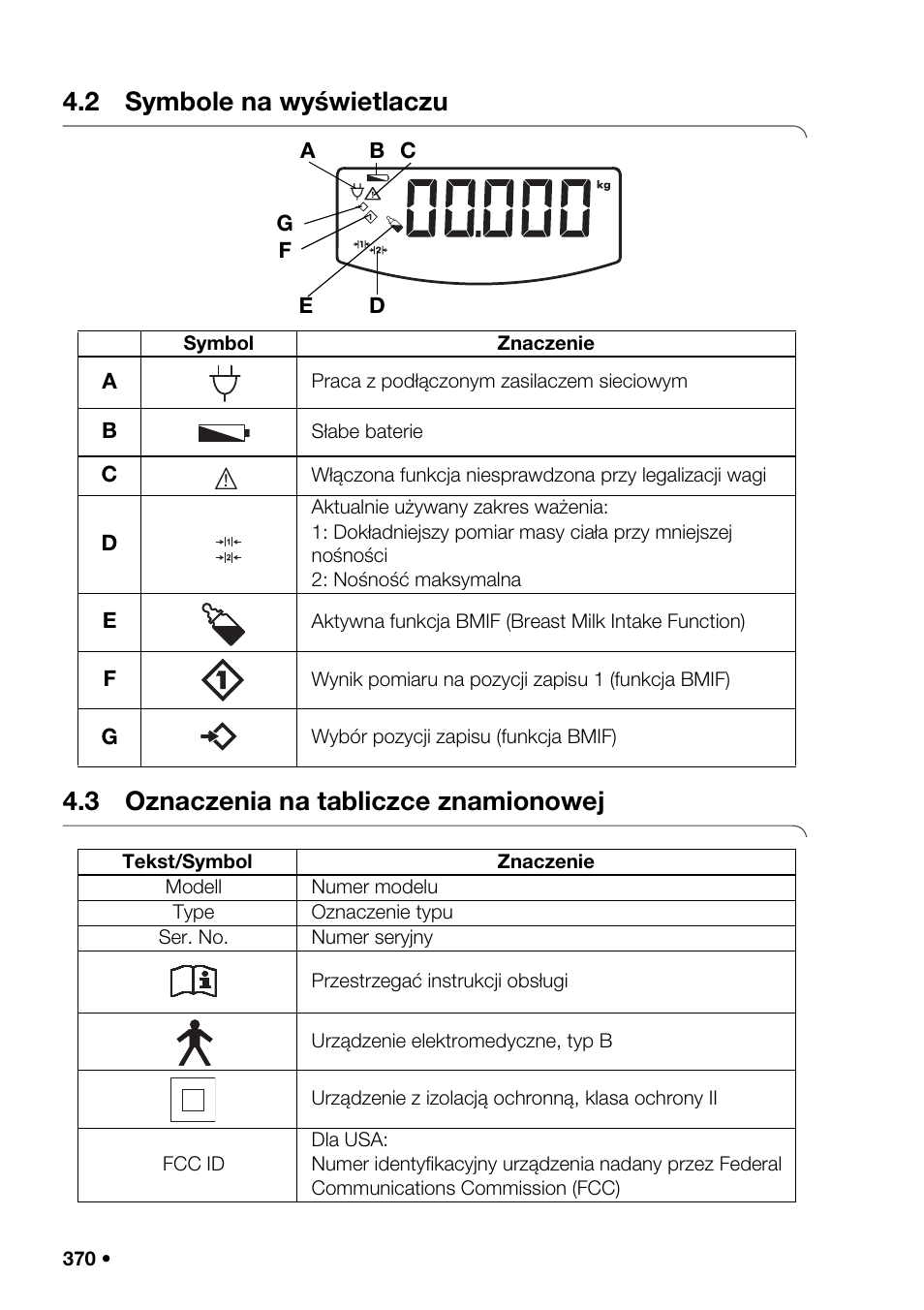 2 symbole na wyświetlaczu, 3 oznaczenia na tabliczce znamionowej, Zasady | Usta, Ie filtr, Przywrócenie ustaw, Ych (re | Seca 376 User Manual | Page 370 / 401