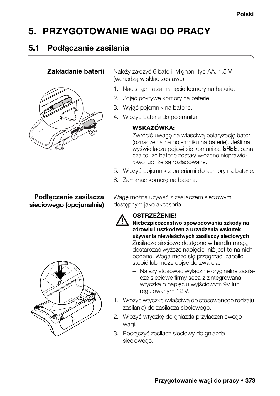 Przygotowanie wagi do pracy, 1 podłączanie zasilania, Ące w niniejszej | Riami, Wireless, 1 wpr, Dzen, Ządz, Bezprzewodow | Seca 376 User Manual | Page 373 / 401
