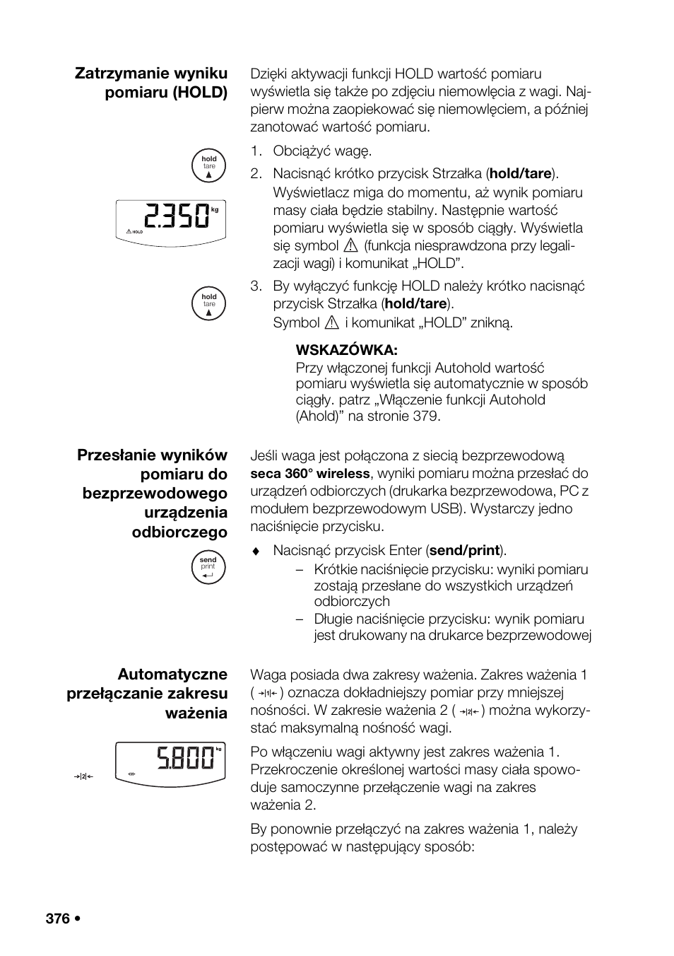 Ie baterii, Enie zasilacza, Opcjonalnie) | Wagi, Bezprzewodow, Enie prz, Automatyczneg, Wybór opcji w, Ie go | Seca 376 User Manual | Page 376 / 401