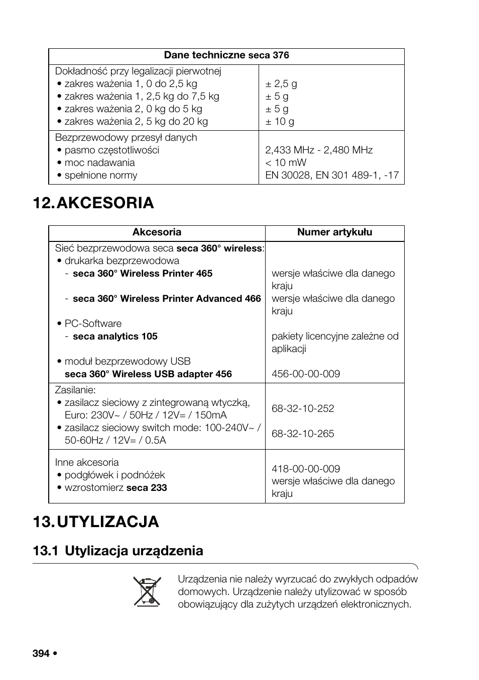 Akcesoria, Utylizacja, 1 utylizacja urządzenia | Dziny (time), Akcesoria 13. utylizacja | Seca 376 User Manual | Page 394 / 401
