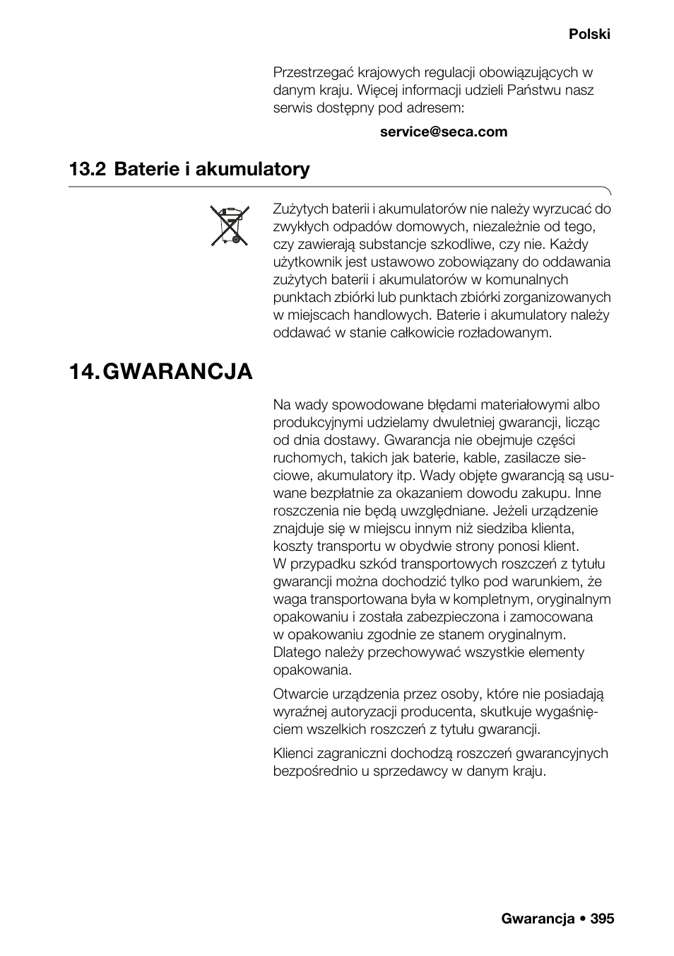 2 baterie i akumulatory, Gwarancja, Acja ponowna 391 | Nośnie konserwac | Seca 376 User Manual | Page 395 / 401
