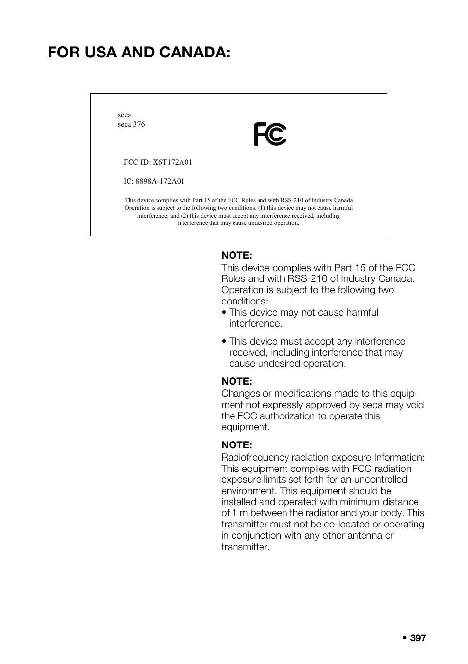 Declaration of conformity, For usa and canada | Seca 376 User Manual | Page 397 / 401