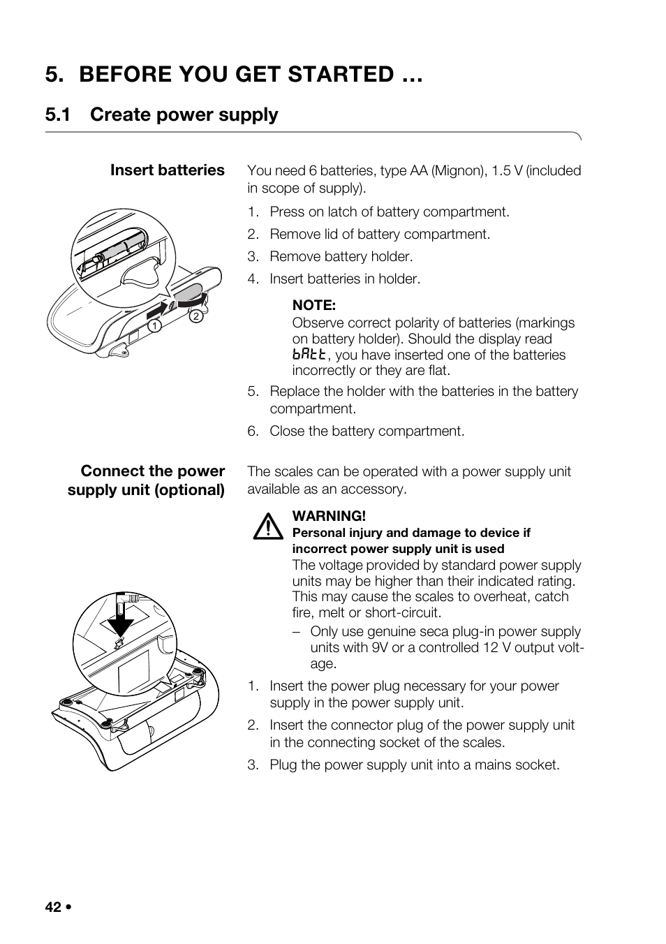 Before you get started, 1 create power supply, Precautions | In this, Geable), Eless n | Seca 376 User Manual | Page 42 / 401