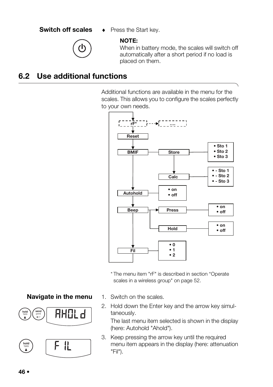 2 use additional functions, Switch off scales, Navigate in the menu | Seca 376 User Manual | Page 46 / 401