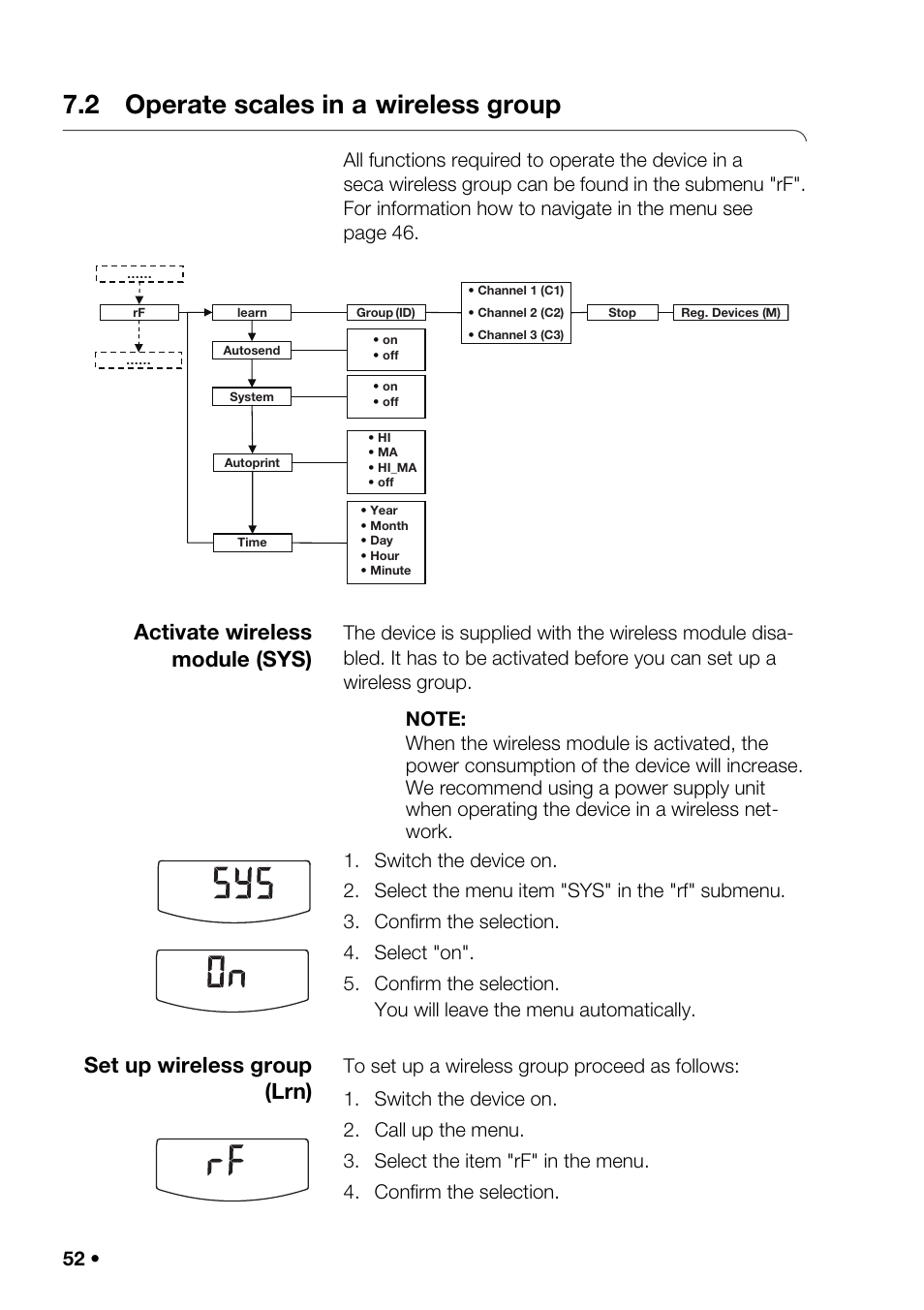 2 operate scales in a wireless group, 2 operate scales in a, Wireless group | Activate wireless module (sys), Set up wireless group (lrn) | Seca 376 User Manual | Page 52 / 401