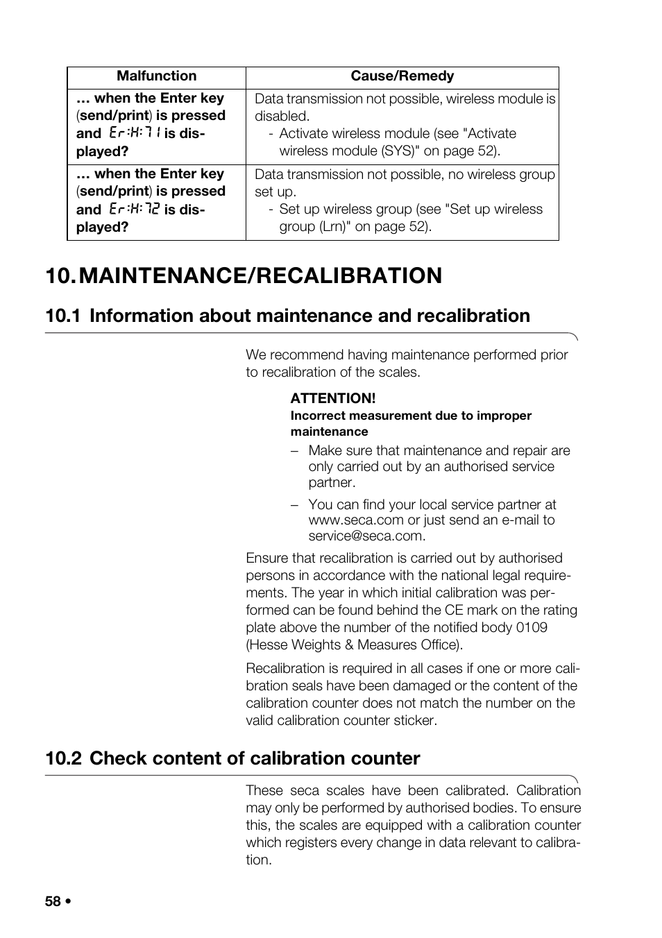 Maintenance/recalibration, 1 information about maintenance and recalibration, 2 check content of calibration counter | Es in a wireless, Ss module (sys) . 52, Oup (lrn), Ansmissio, 1 information about maintenance and re calibration | Seca 376 User Manual | Page 58 / 401