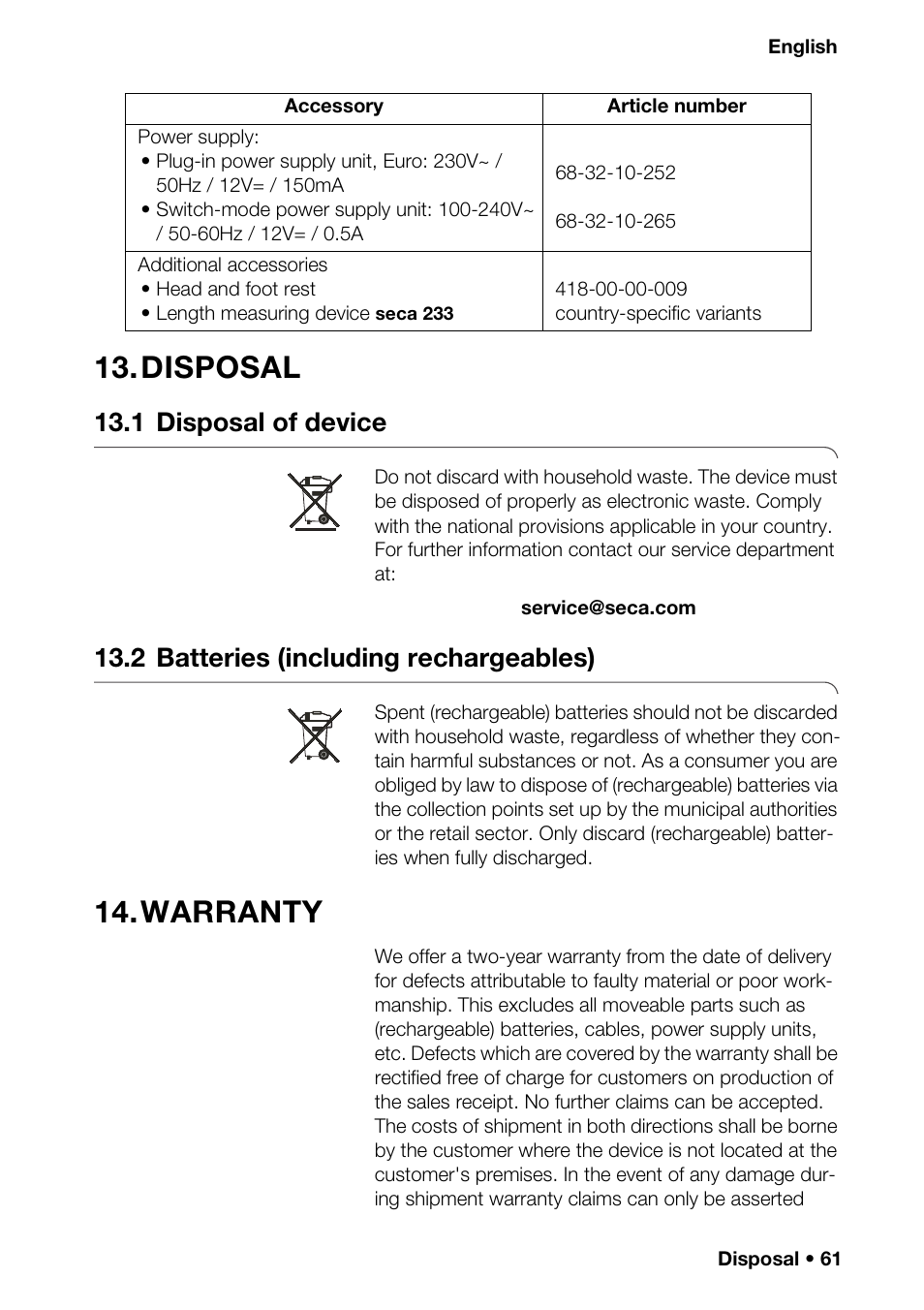 Disposal, 1 disposal of device, 2 batteries (including rechargeables) | Warranty, Ation, Libration | Seca 376 User Manual | Page 61 / 401
