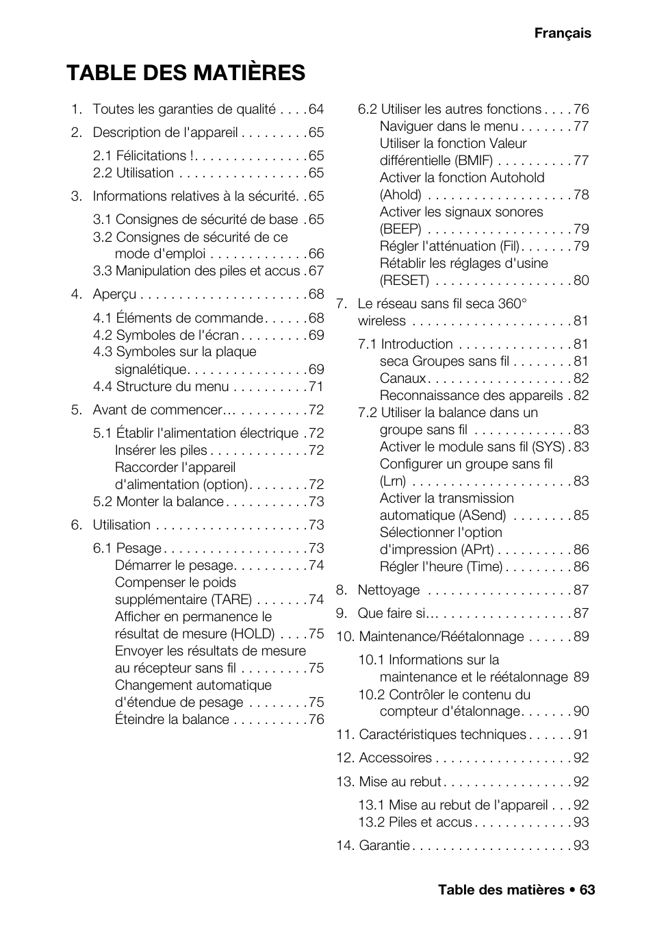 Français, Table des ma tières | Seca 376 User Manual | Page 63 / 401