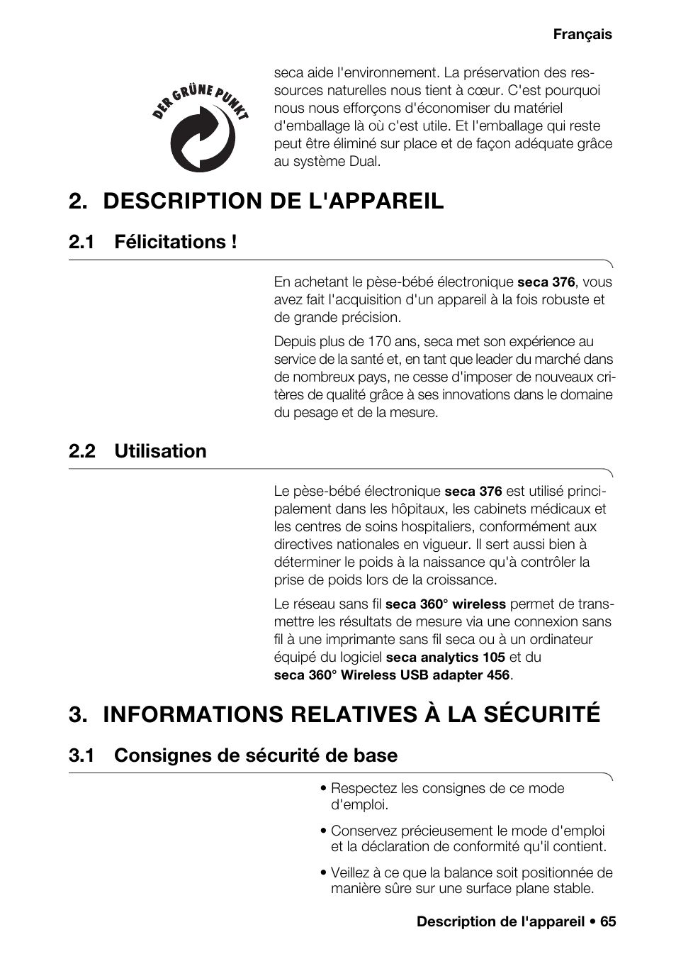 Description de l'appareil, 1 félicitations, 2 utilisation | Informations relatives à la sécurité, 1 consignes de sécurité de base | Seca 376 User Manual | Page 65 / 401
