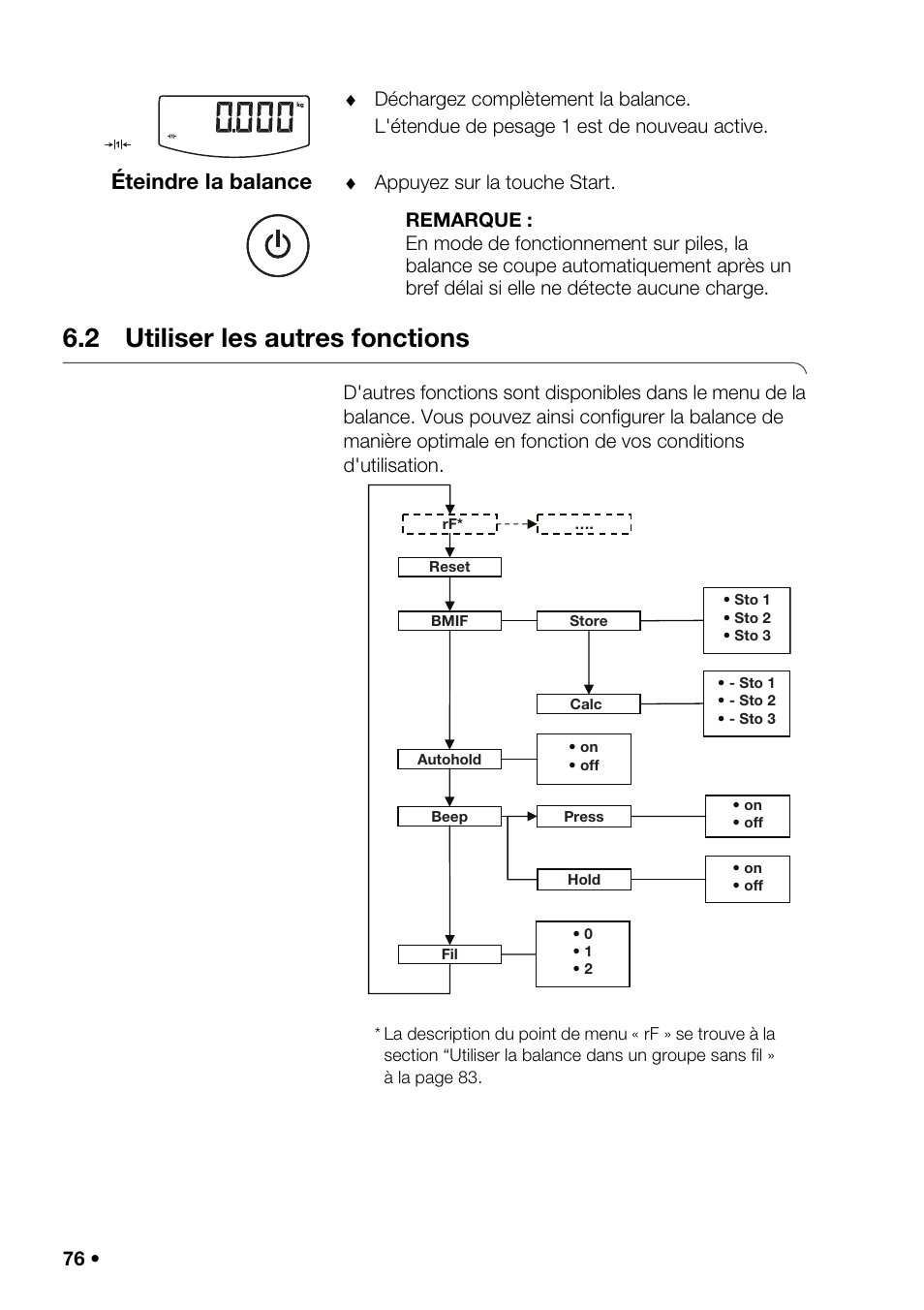 2 utiliser les autres fonctions, Er l'optio, Éteindre la balance | Seca 376 User Manual | Page 76 / 401