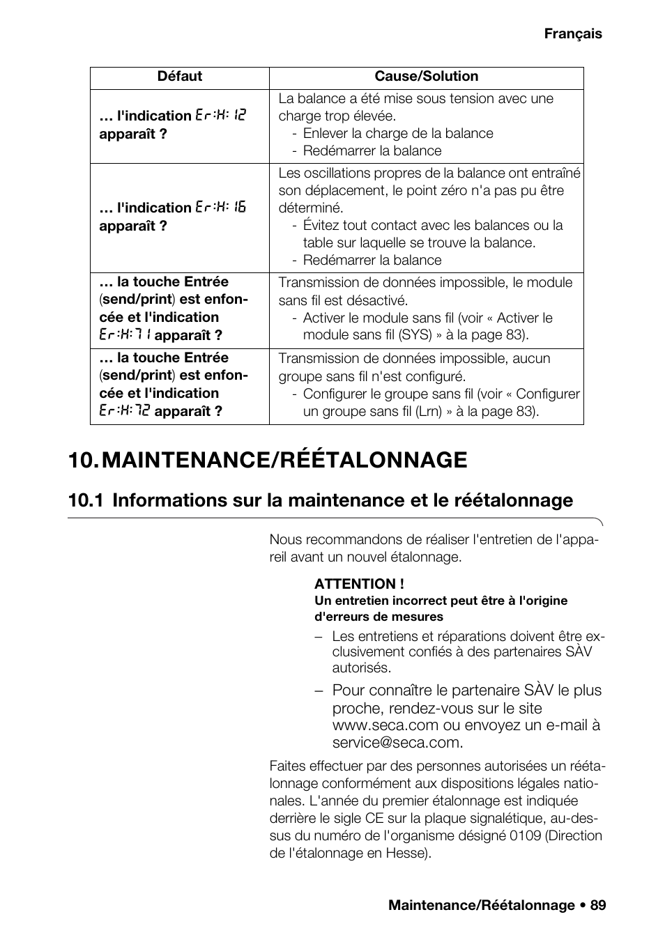 Maintenance/réétalonnage, Le sans fil (sys) . 83, Pe sans fil | Seca 376 User Manual | Page 89 / 401