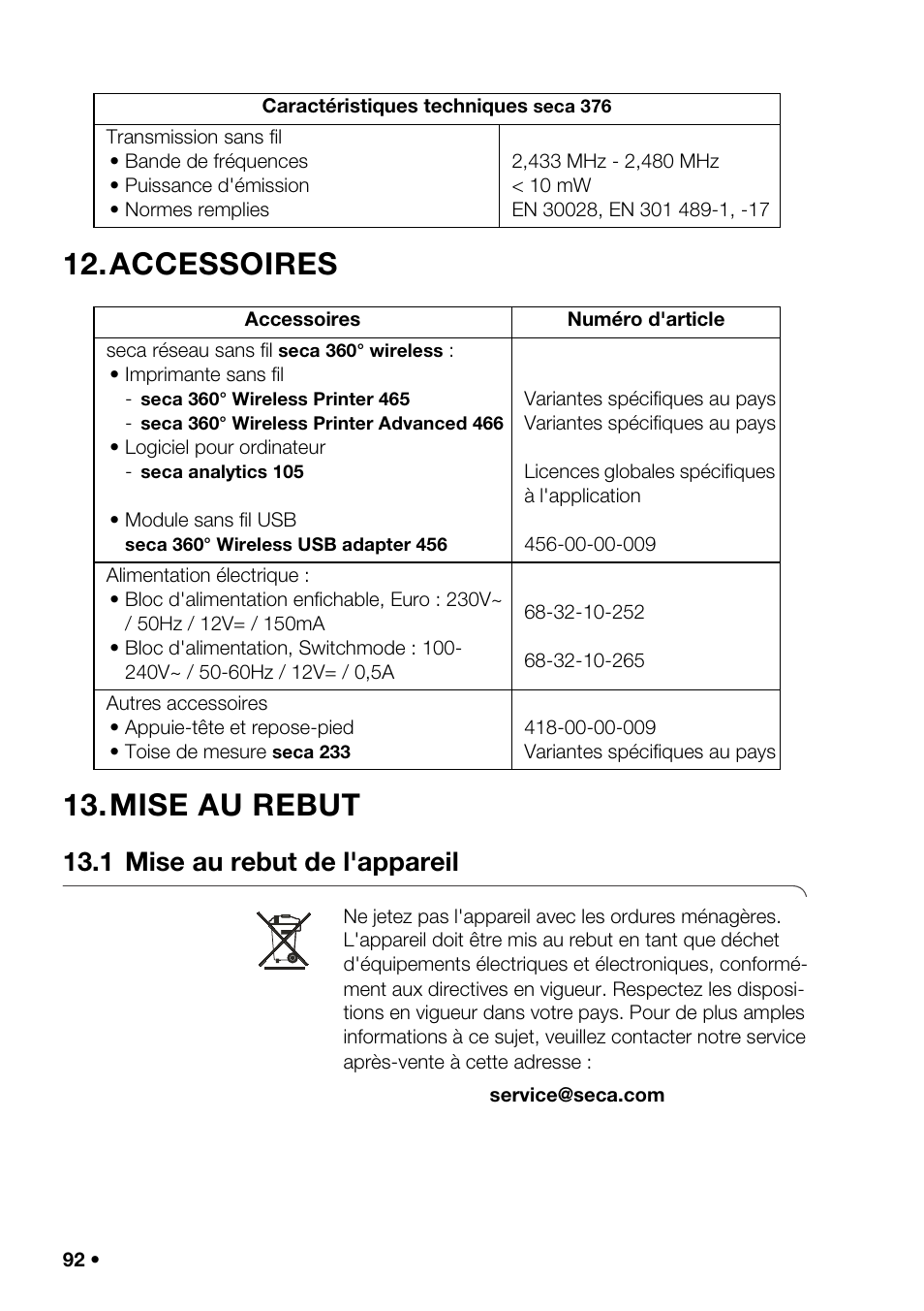 Accessoires, Mise au rebut, 1 mise au rebut de l'appareil | E (time), Accessoires 13. mise au rebut | Seca 376 User Manual | Page 92 / 401