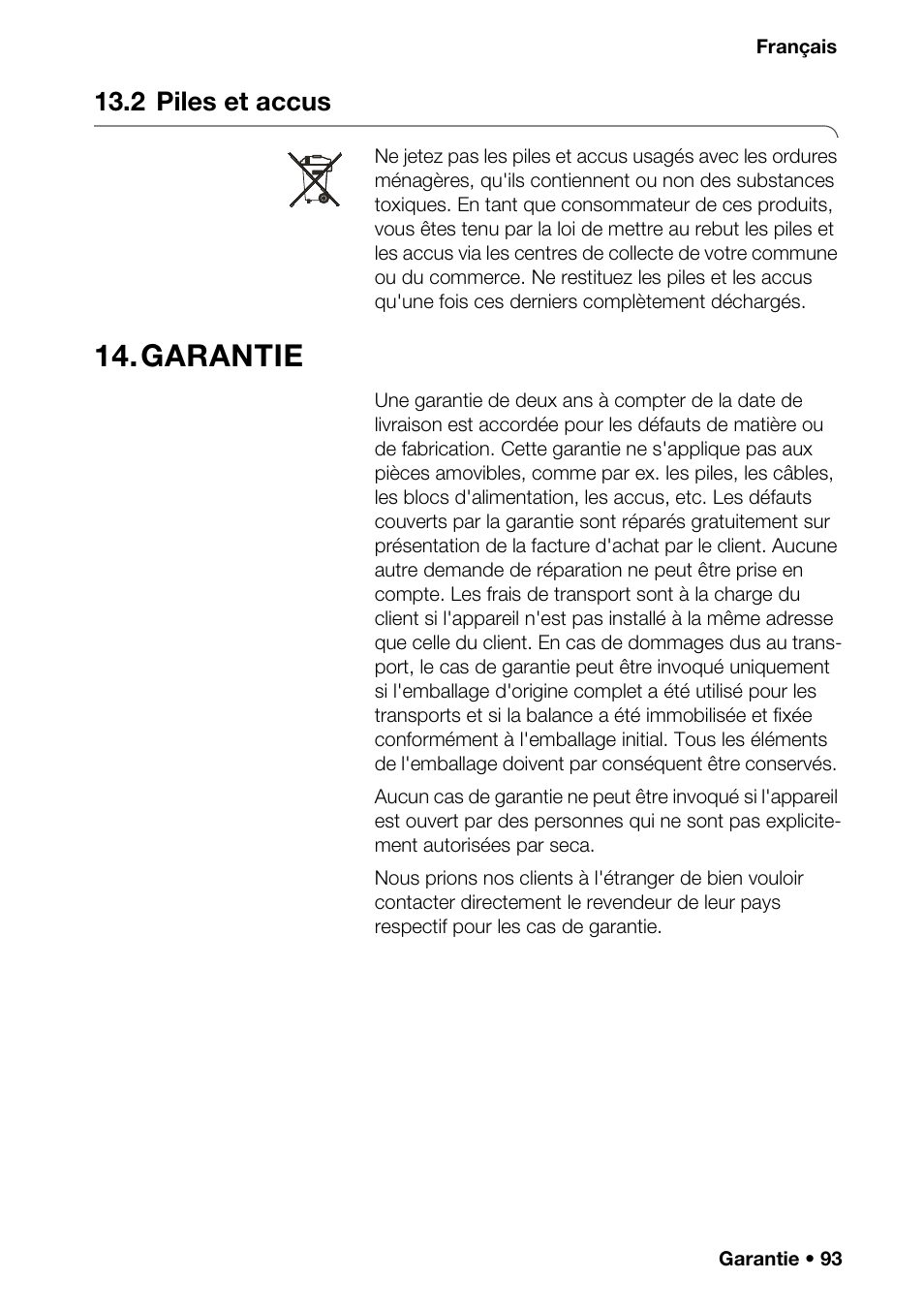 2 piles et accus, Garantie, Réétalonnage | Sur la | Seca 376 User Manual | Page 93 / 401